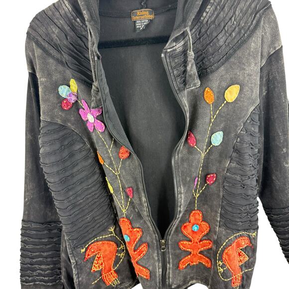 Rising International Cotton Black Floral Patchwork Hooded Zip Up Sweatshirt XL - Picture 5 of 7